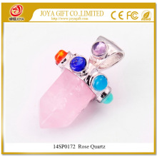 Natural Rose Cuarzo Seis Pirámide Columna Piedra preciosa Colgante 14SP0172 con siete piedras Chakra en la aleación de plata para la joyería de las mujeres